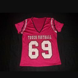 Pink and Black Mesh "Touch Football 69" Jersey Shirt Women's size S/M

