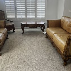 Vintage REAL Leather Couches, Chair, And Table