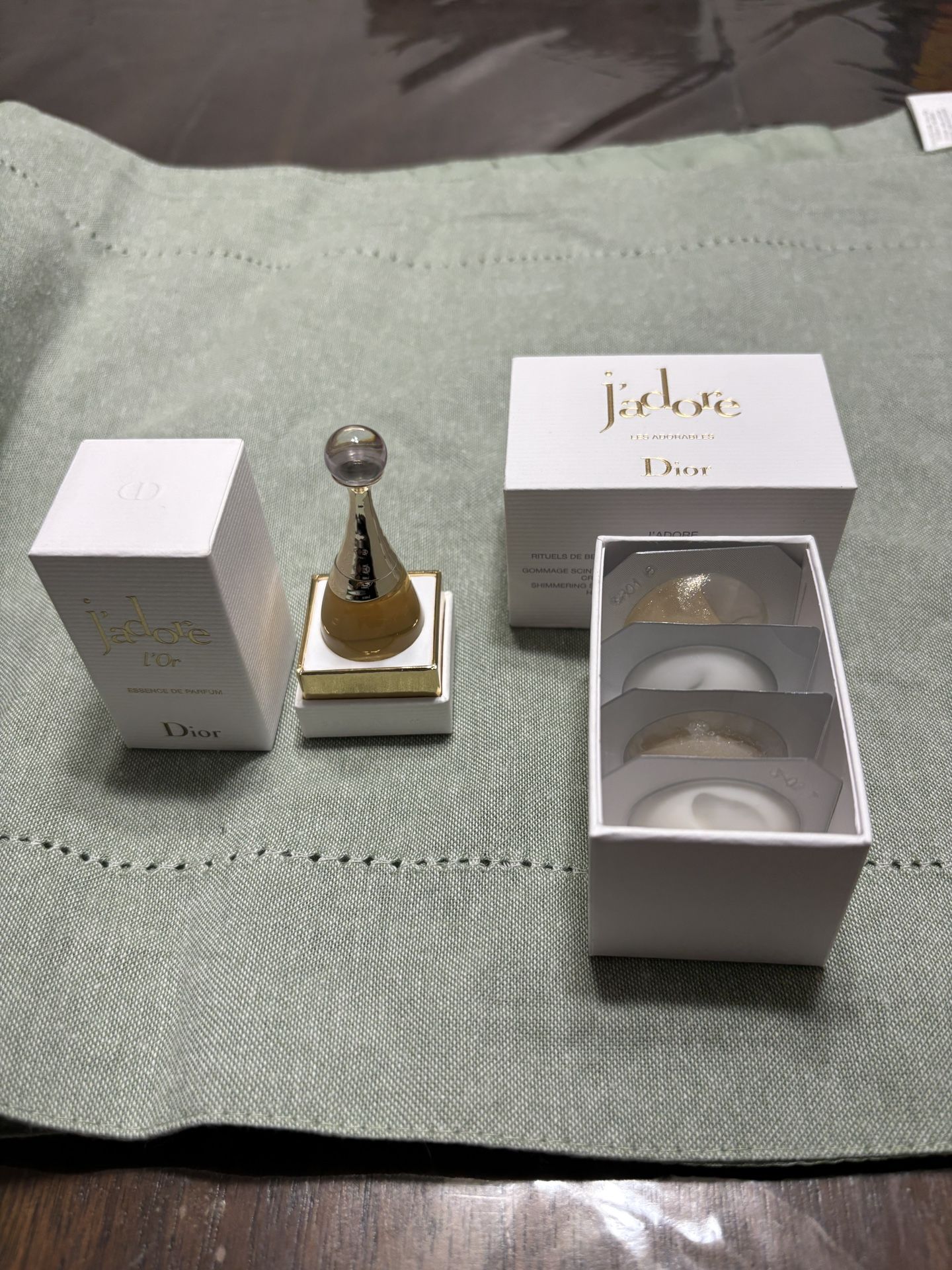 Dior J'adore Les Adorables 4pc Discovery Set: Scrub, Body Milk, Hand Cream, Gel and mini perfume dabber