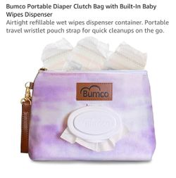 Bumco Portable Diaper Clutch Bag with Built-In Baby Wipes Dispenser Airtight refillable wet wipes dispenser container. Portable travel wristlet pouch 
