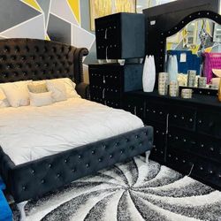 NEW👯$10 Down Payment Finance 👯Alzire Black 5 Piece Queen Velvet Bedroom Set