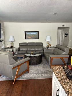 Gray Leather Sofa Set with Wood Accents