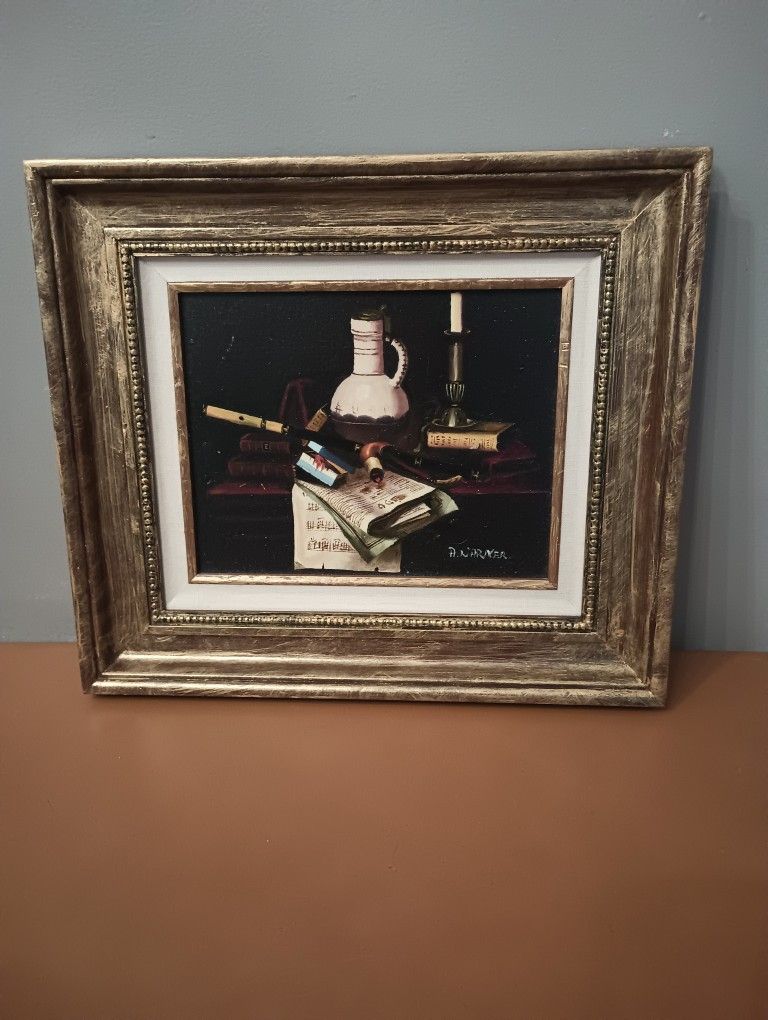 VINTAGE OIL PAINTING ON CANVAS SIGNED GILD GOLD WOOD FRAME 15.5" X 13.5"