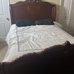 Real Wooden Queen Sleigh Bed Frame, Mattress & Box Sprint