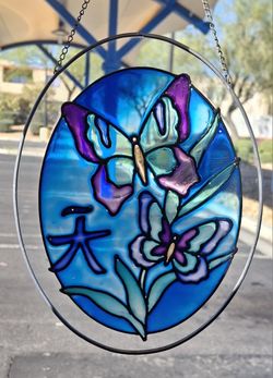 Vintage Stained Glass Butterflies Oval Sun Catcher 9x7" 