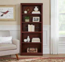 Dark Brown Wood 5-Shelf Classic Bookcase with Adjustable Shelves