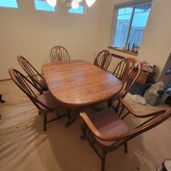 Oak Table, Chairs, Buffet, and Mirror
