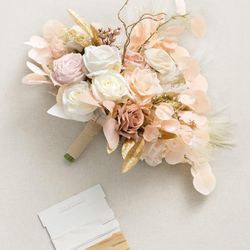 Open Box Ling's Moment Boho Bridal Bouquet, 15 Inch White Beige Wedding Bouquets for Bride, Silk Free Form Nude Bridal Bouquets for Wedding, Ceremony,