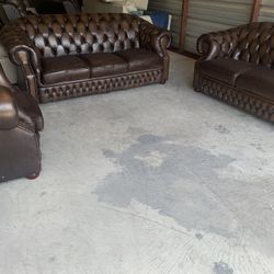 Brown Leather Chesterfield 3-piece Sofa Set