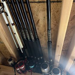 5 Fin-Nor fishing poles with reels saltwater freshwater