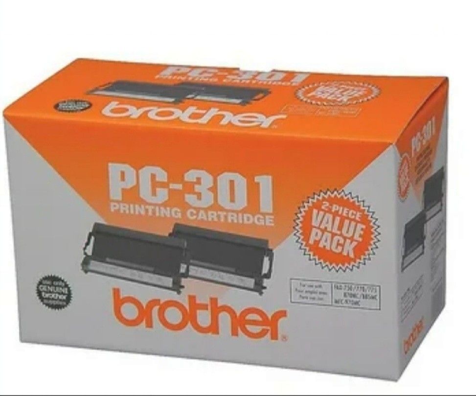 Genuine Brother PC-301 Fax Printer Ink Cartridge 2 Pack 750/770/775/775SI/885MC (Sealed Packs Open Box). The image shows a box of Brother PC-301 Print