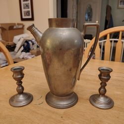 Pewter Pitcher/Flower Vase & 2 Pewter Candle Sticks