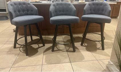 Set of 3 Gray Swivel Counter Height Bar Stools – Tufted Upholstered w/ Nailhead Trim