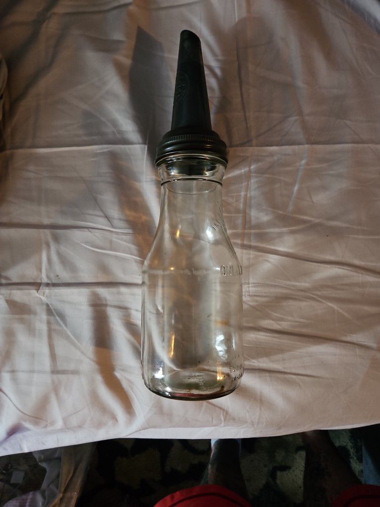  Antique One Quart Glass Oil Bottle w/  Original Spout