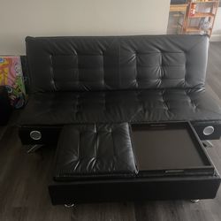 Faux Leather Speaker Couch With Ottoman 