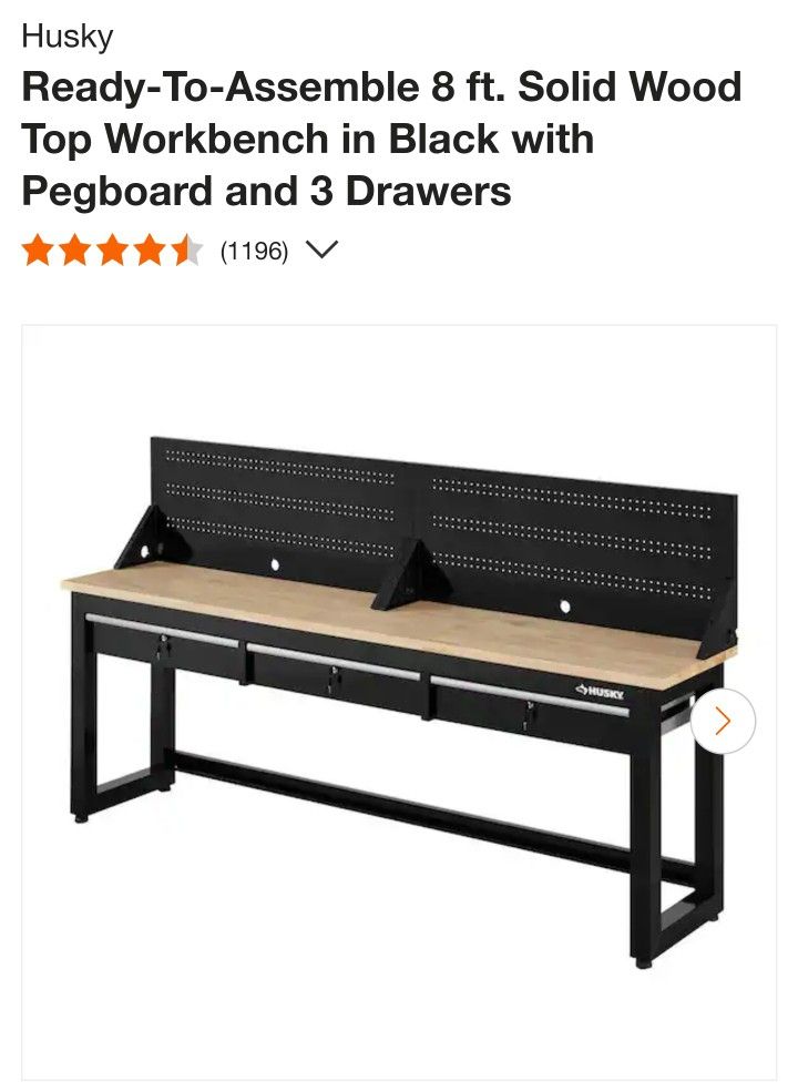Husky
8 ft. Solid Wood Top Workbench in Black with Pegboard and 3 Drawers
