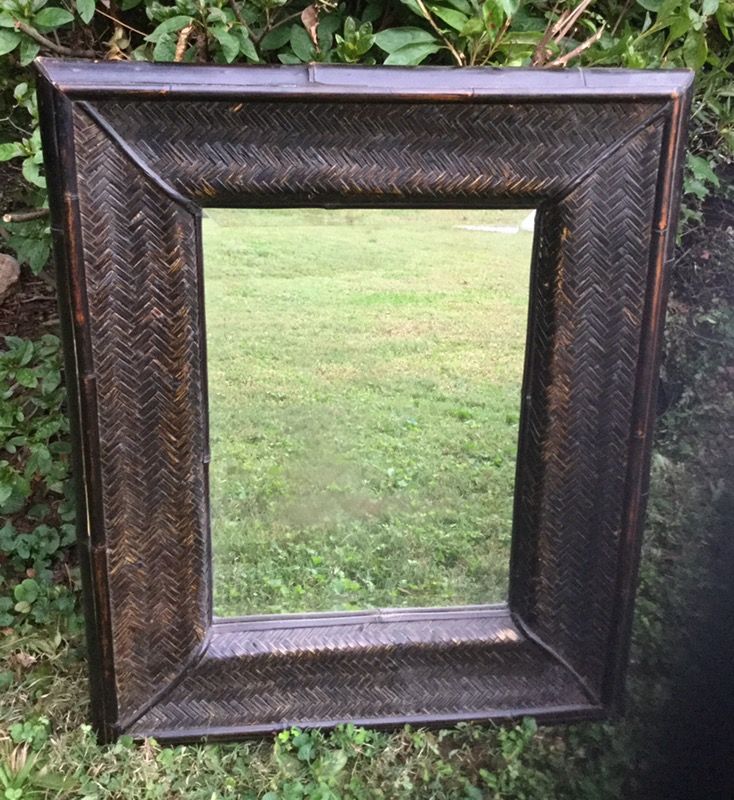 Large authentic wicker and wood framed mirror w/multiple hanging hardware, 26" x 31", also see my other offers