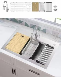 Dolancourt Tight Radius 33 in. Drop-In Single Bowl 18G Stainless Steel Workstation Kitchen Sink with Spring Neck Faucet