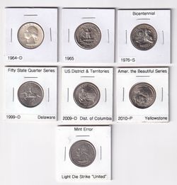 U.S. Washington Quarters: 7 Coins with Silver 1964, Bicentennial, State Series+