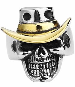 men's skull cowboy ring with a polished gold