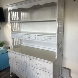 Two-Piece Vintage French Provincial Hutch & Dresser: Shabby Chic White Distressed