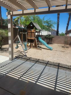 Wooden swing and slide