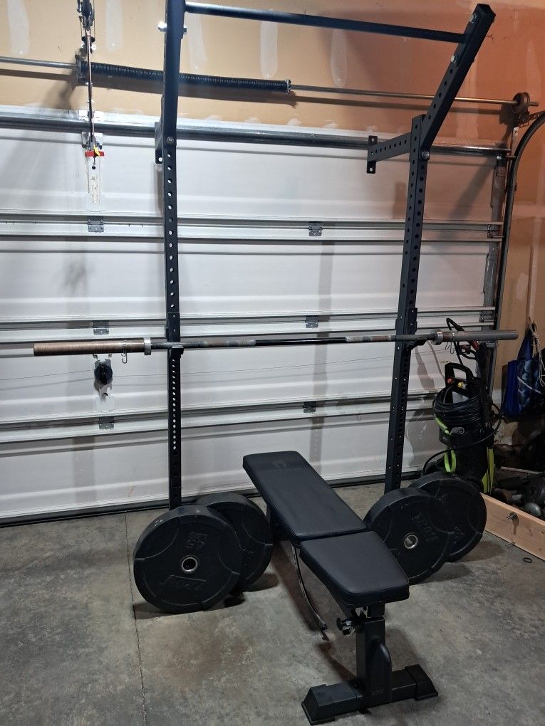 Home Gym  / Squat Rack, Olympic Weights, Barbell, Weight Bench 