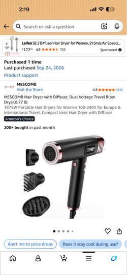MESCOMB Hair Dryer with Diffuser, Dual Voltage Travel Blow Dryer,0.77 lb 1875W Portable Hair Dryers for Women 100-240V for Europe & International Trav