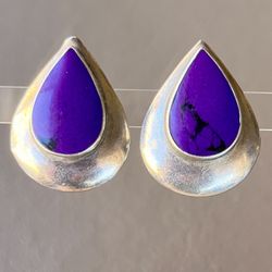 Vintage Sterling Silver 925 Purple Stone Southwest Clip On Earrings Signed 1”