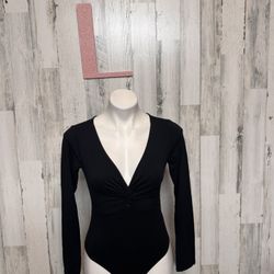 Forever 21 Black Long Sleeve Deep V Bodysuit Women’s Size L | Stretchy Knit One-Piece Top NWT