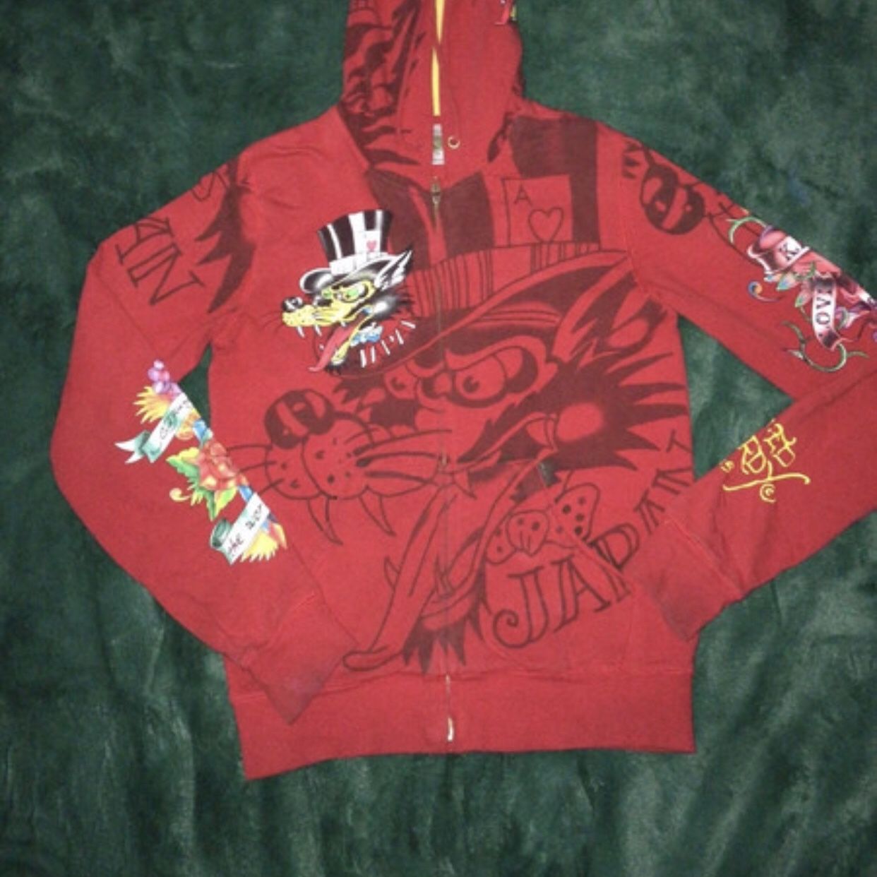 Vintage Early 2000s Y2K Ed Hardy by Christian Audigier Red Zip Up