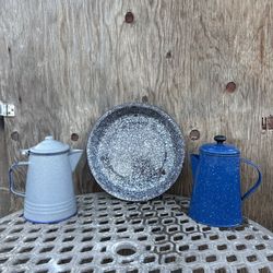 3 Antique Enamel Pots 