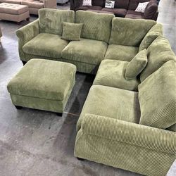 New 99x99 Sage Corduroy Sectional Couch / Free Delivery 