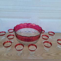 Vintage Cranberry Punch Bowl Set