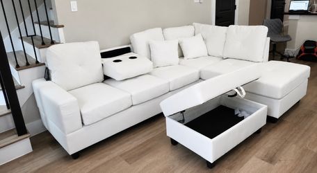 NEW White Reversible Sectional W/ DROP DOWN TABLE WITH CUPHOLDERS & Ottoman -FINANCE AVAILABLE