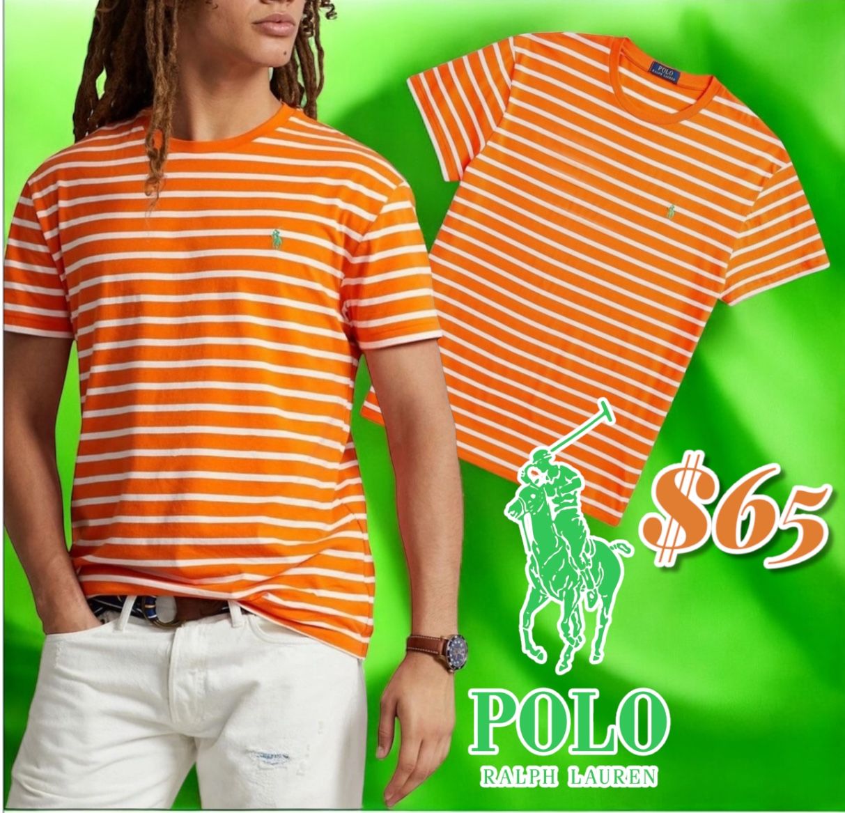 Polo Ralph Lauren Men Classic-Fit Striped T-Shirt Orange/White Size XXL