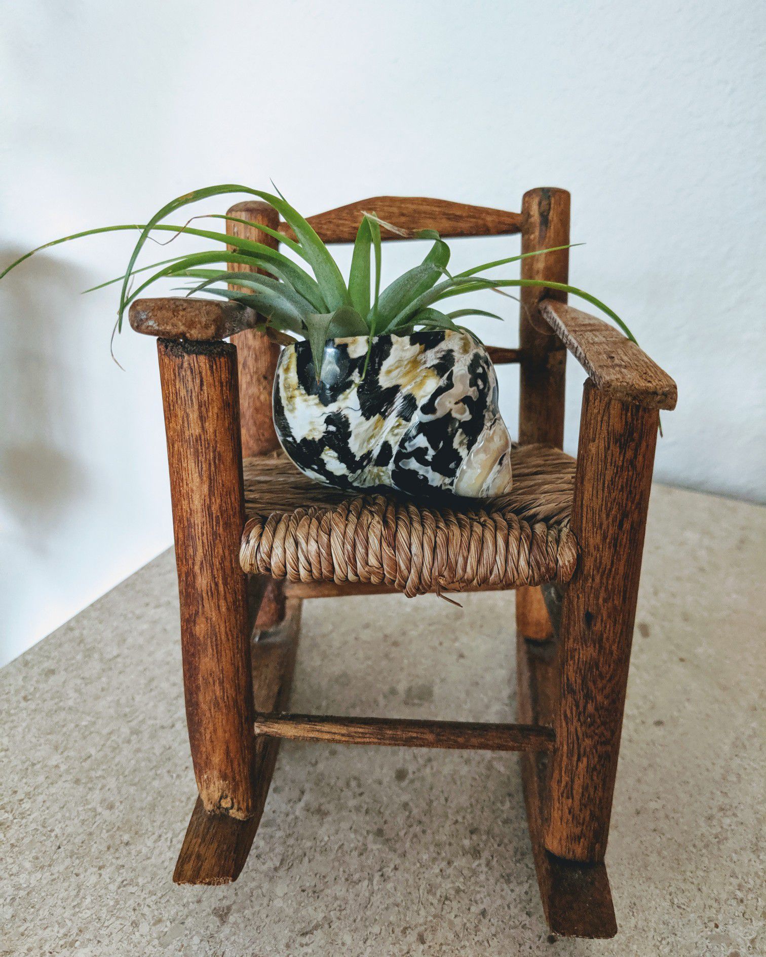 Vintage wood & wicker rocking plant chair 7" x 4.5"