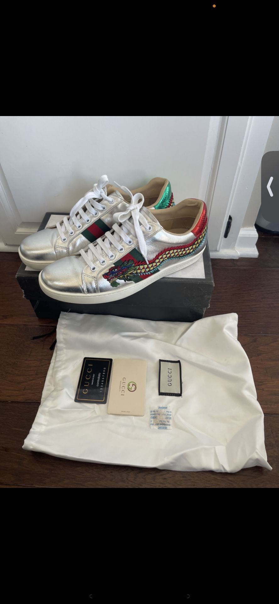 Authentic Gucci Metallic Silver Leather Web Ace Dragon Lace Up Sneakers 43 Size 9us for Sale in Arlington, TX - OfferUp