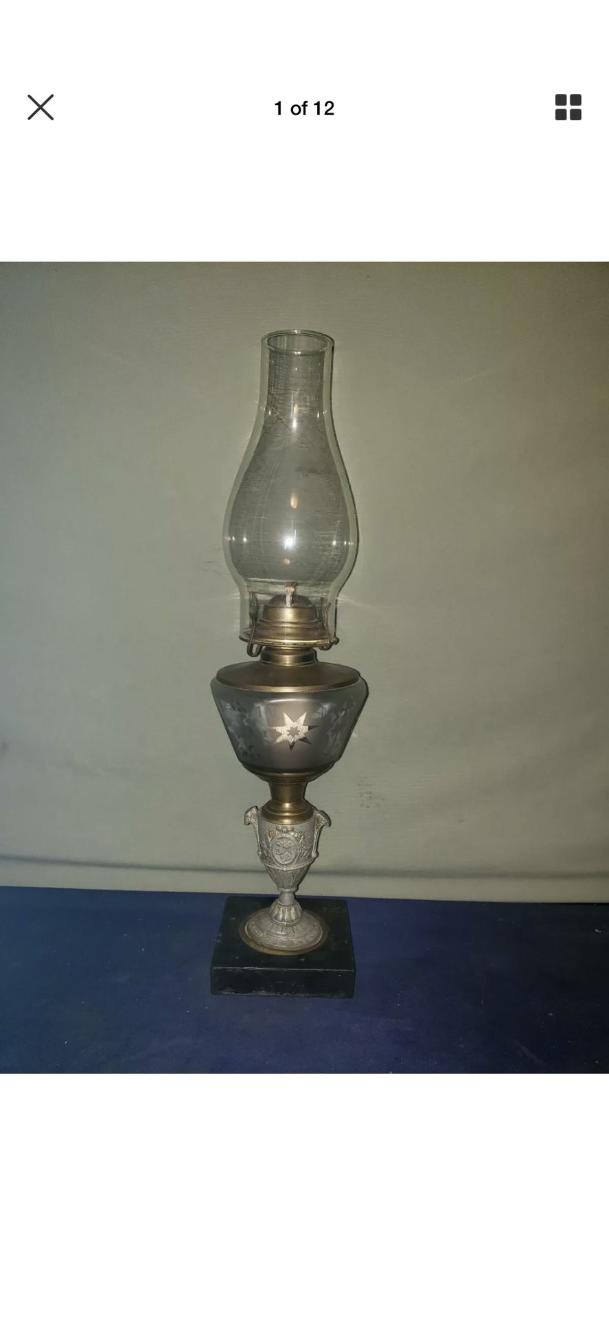 Antique Figural Trophy Style Kerosene Lamp w/ Etched Frosted Glass Tank
