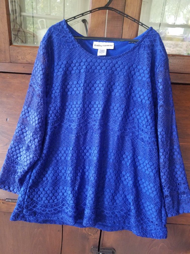 Cathy Daniels Blue Lace Panel Tops blouse Women's Size PL