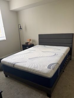Queen Bed Frame with Upholstered Headboard and Queen Mattress