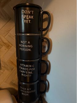 Set of 4 Stacked Get the Message Black Mugs, 14oz
