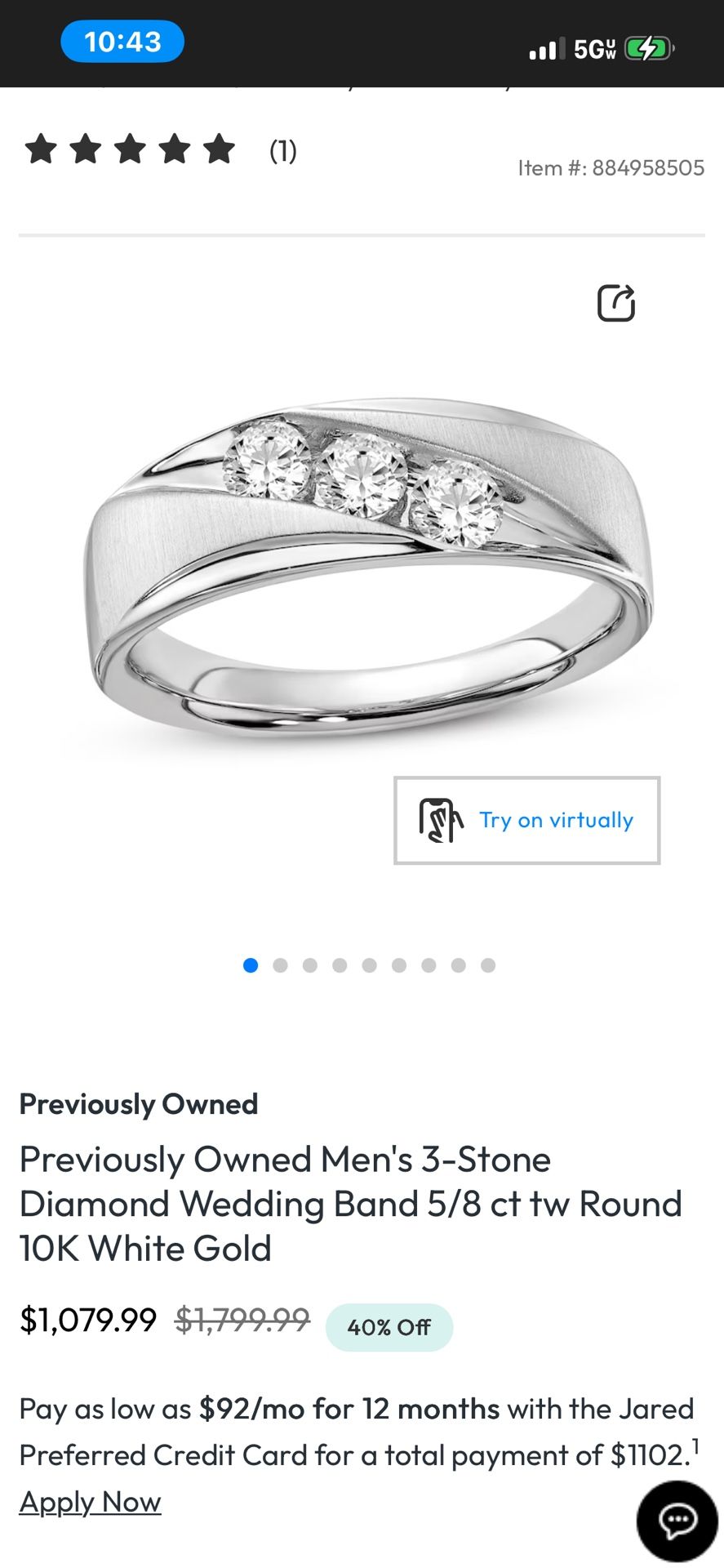 10 Karat White Gold 5/8 Diamond Size 8.5
