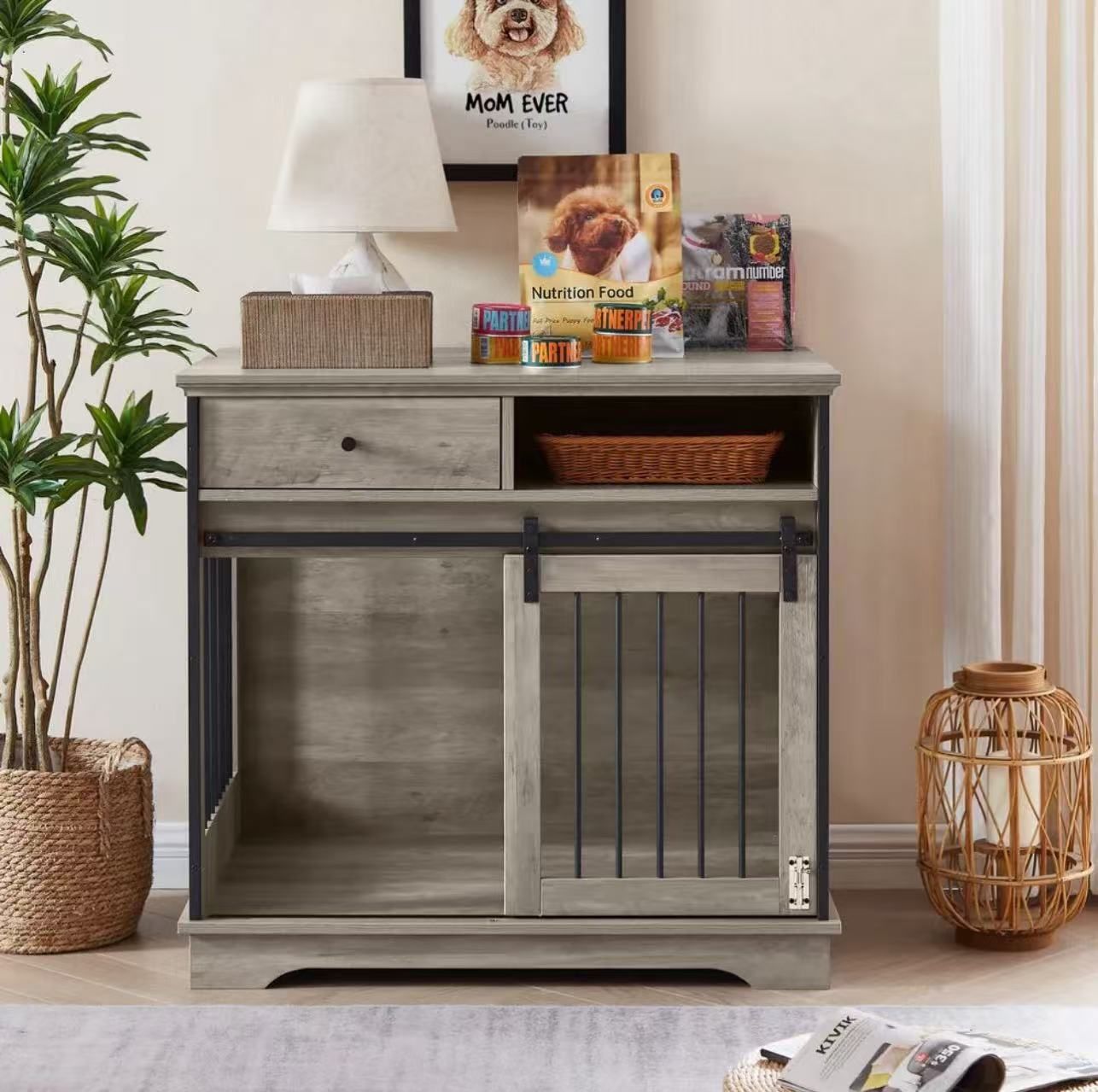 Sliding Door Dog Crate with Drawers grey $160