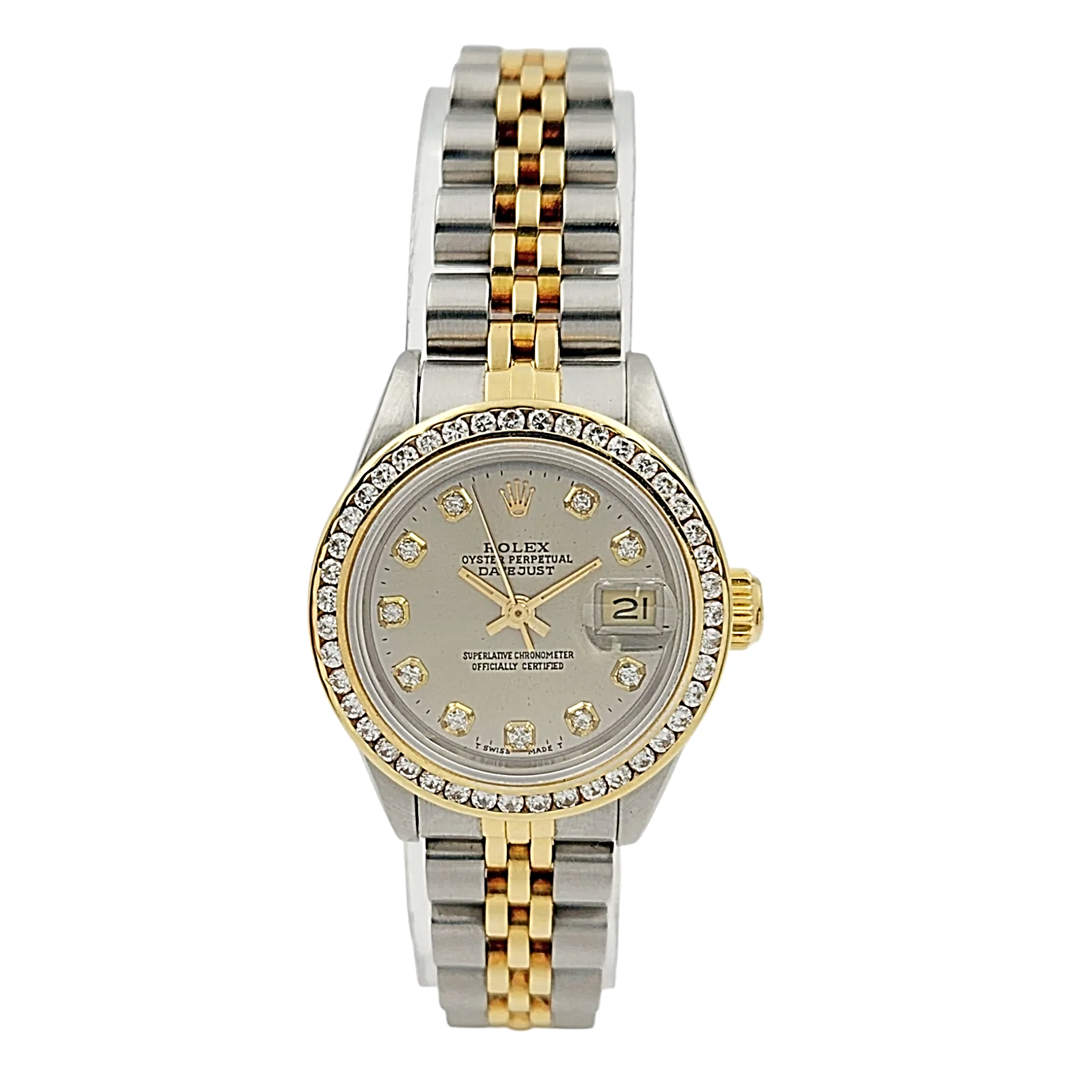 Ladies Rolex 26mm Datejust 18K Yellow Gold / Stainless Steel Two Tone Watch with Silver Diamond Dial and Diamond Bezel. (Pre-Owned 69173 - 700-10159)