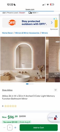 Atilioo 24-in W x 32-in H Arched 3-Color Light Memory Function Bathroom Mirror New $50