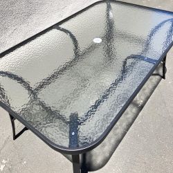 $80 New Rectangular Metal Patio Table 59x36x28” Tempered Glass with Umbrella Hole 