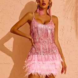 Women's Sexy Sequin Sleeveless Solid Feather Party Club Bodycon Dress