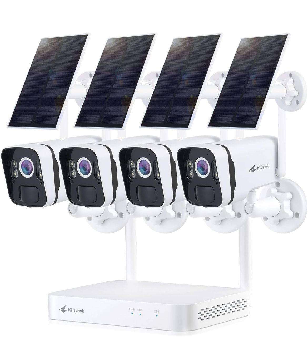 Kittyhok Solar Home Security Cameras System, 4pcs 2k Ultra Solar Security Camera Outdoor Wireless, Smart Human Detection, Spotlight , Forever Power, 1