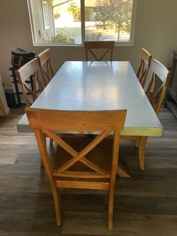 Trestle Dining Table with 6 Wood Chairs